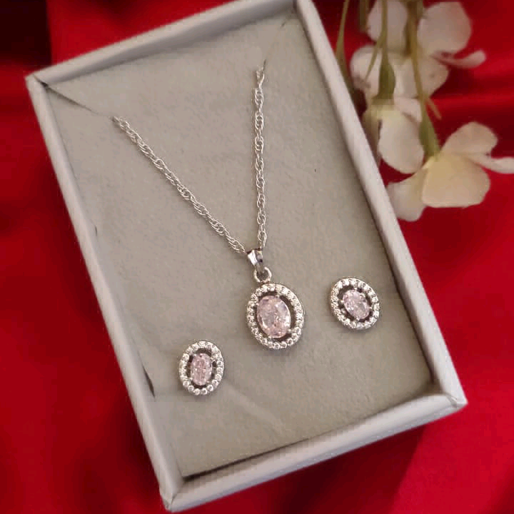 Pink Oval Swarovski Silver Pendant Set 